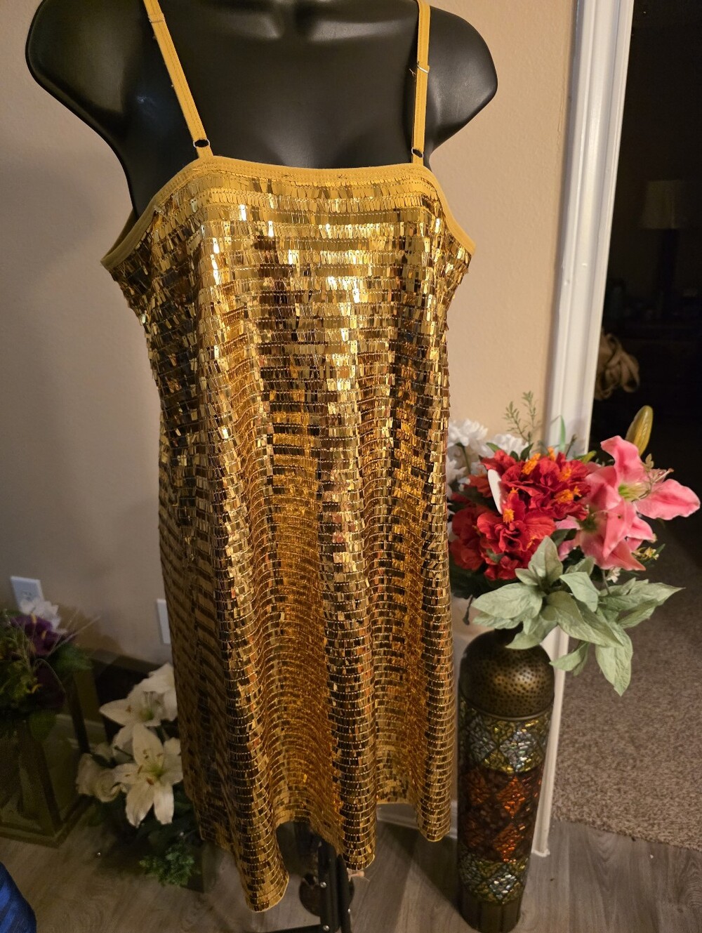 Gold Sequin Slip Dress - Women's Party Dress - Picture 2 of 3